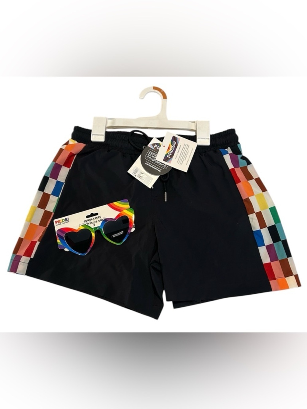Unisex Pride Rainbow Checker Swim Shorts, size Small, NWT